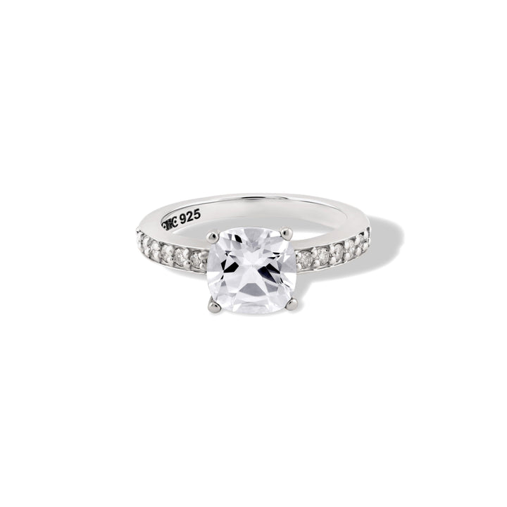 Elegant sterling silver white topaz and diamond ring with a delicate 2mm band, perfect for any special occasion. CHC Fine Jewelry.