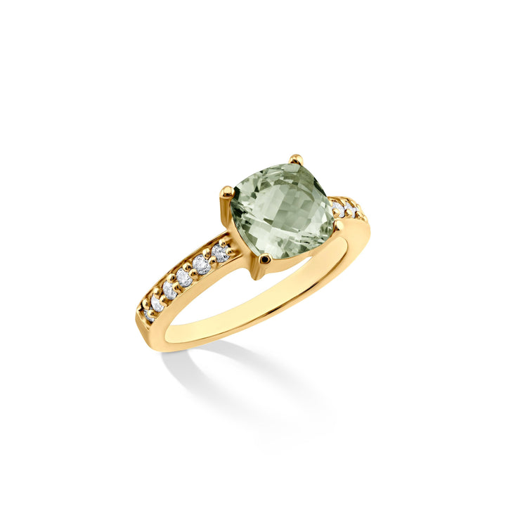 A luxurious 14k yellow gold ring featuring a 7mm cushion-cut prasiolite and 12 sparkling diamonds. CHC Fine Jewelry.