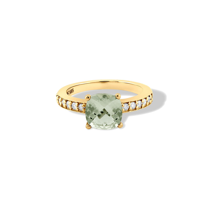 Elegant 14k yellow gold prasiolite and diamond ring with a delicate 2mm band, perfect for any special occasion. CHC Fine Jewelry.