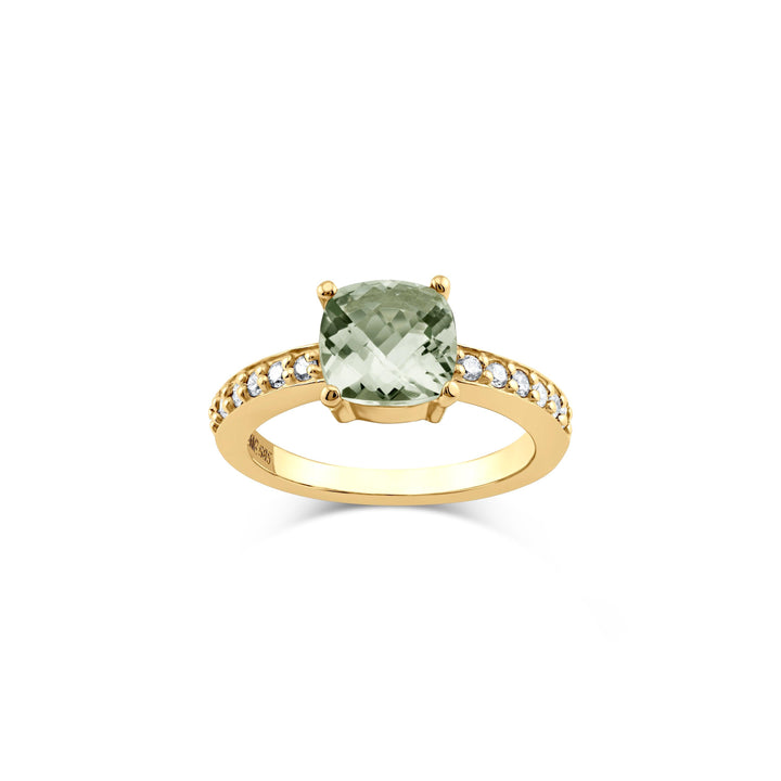 Close-up of the 14k yellow gold ring highlighting the soft green prasiolite and brilliant diamonds. CHC Fine Jewelry.