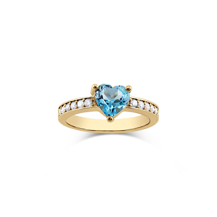 Front view of heart-shaped blue topaz and diamond ring in 14k yellow gold, CHC Fine Jewelry