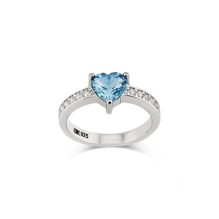 Front view of heart-shaped blue topaz and diamond ring in sterling silver, CHC Fine Jewelry