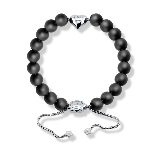 I Love You Natural Black Onyx Bead Bracelet with Sterling Silver Heart | CHC FINE JEWELRY