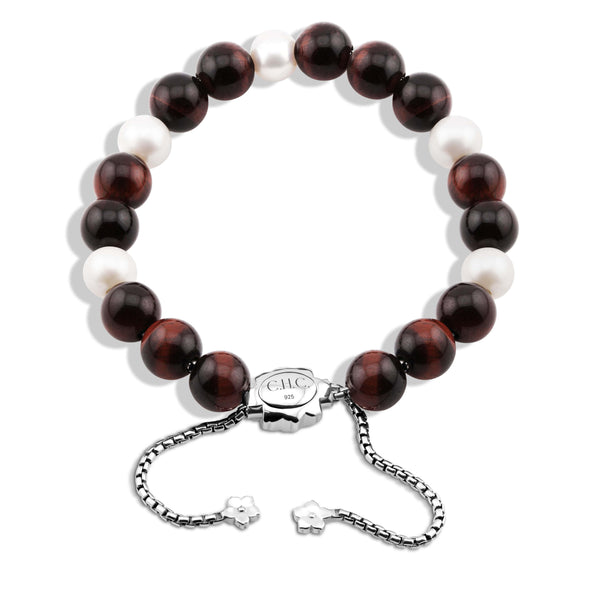 Red Tiger's Eye and Freshwater Cultured Pearl Bead Bracelet Adjustable Size | CHC FINE JEWELRY