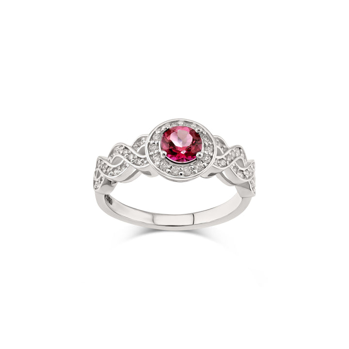 Front view of braided pink tourmaline and diamond halo ring in sterling silver, CHC Fine Jewelry