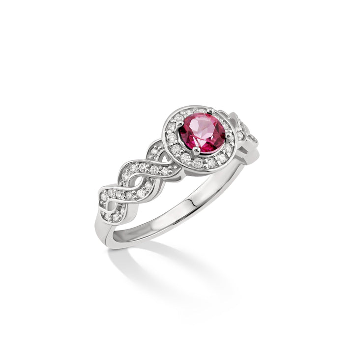 Angled view of braided pink tourmaline and diamond halo ring in sterling silver, CHC Fine Jewelry