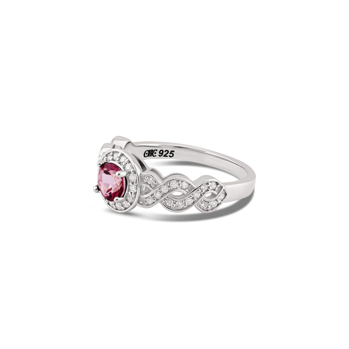 Side view of braided pink tourmaline and diamond halo ring in sterling silver, CHC Fine Jewelry